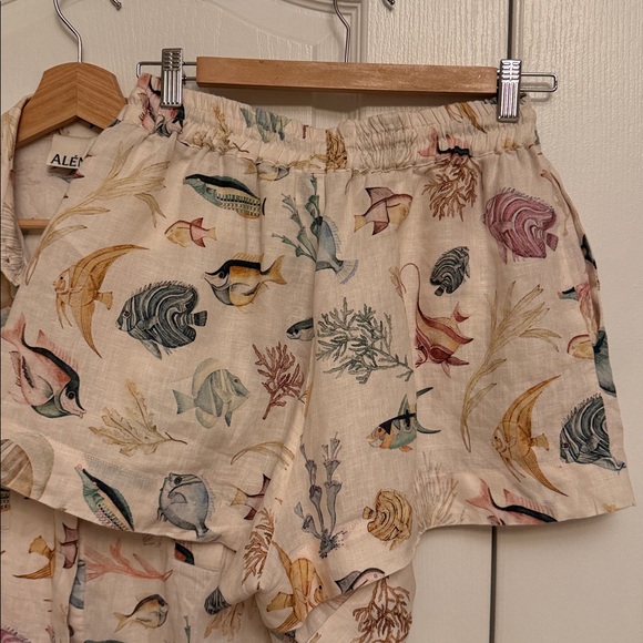 Alemais Top And Short Bottom Set Fish Sea Life Ocean Print Linen Button Down - Picture 8 of 15